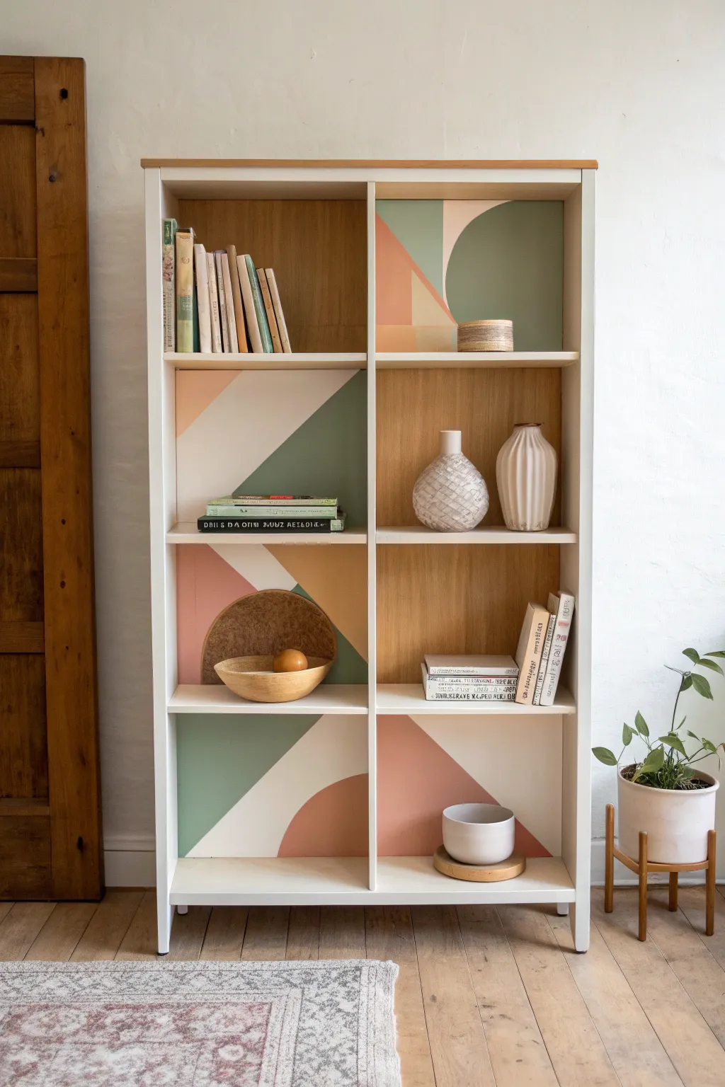 Geometric hand-painted shelf backs in soft boho tones for a clean, modern bookcase look