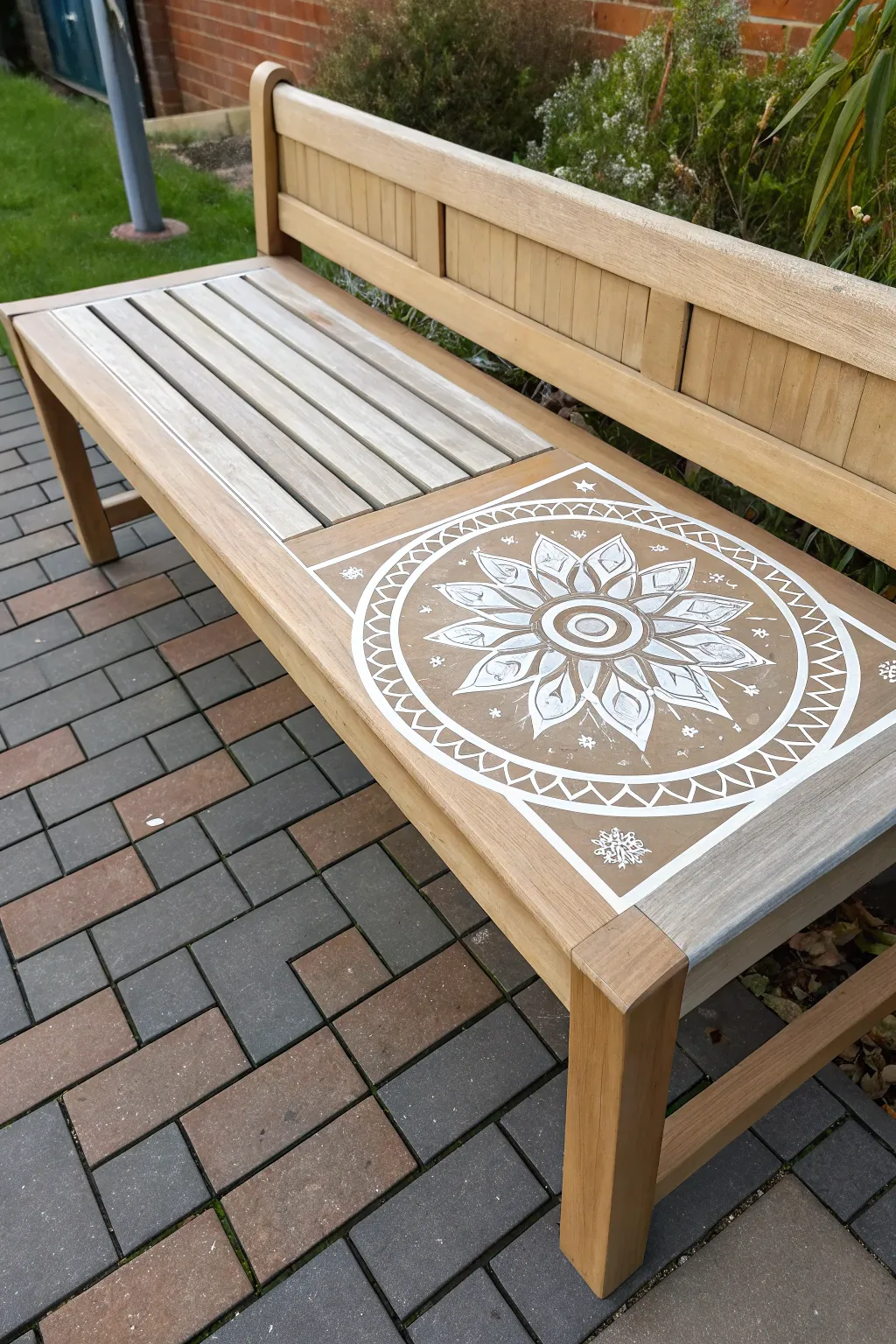 Mandala medallion bench seat design in calm earthy tones with crisp symmetry and high contrast