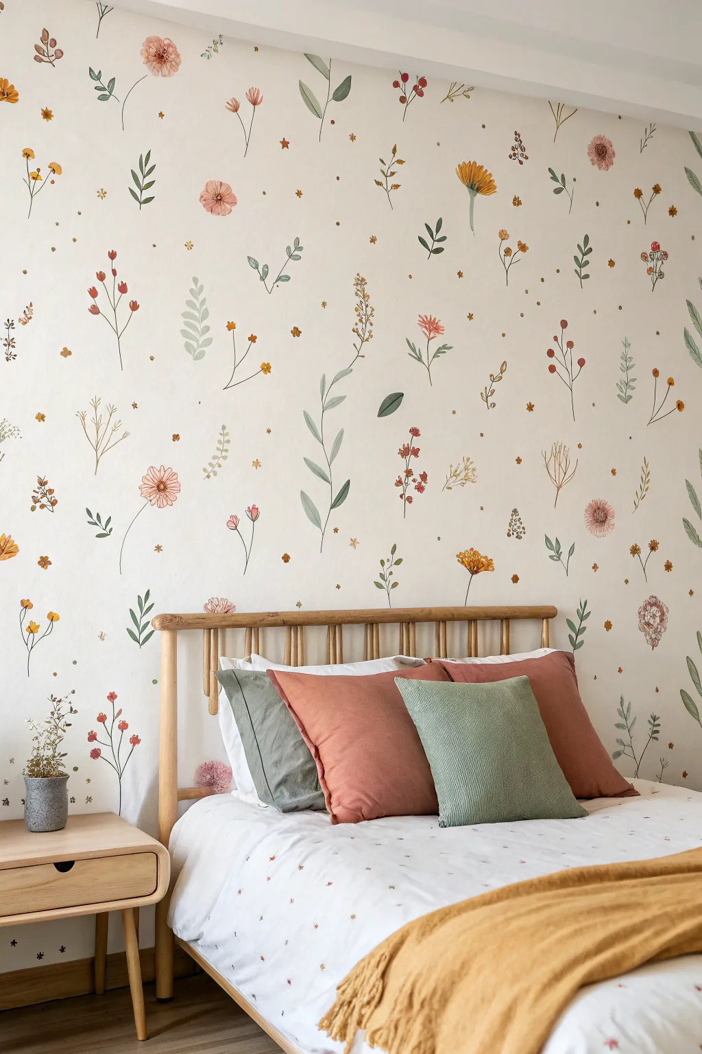 Wildflower confetti wall: tiny hand-painted blooms for a soft, playful kids room accent.
