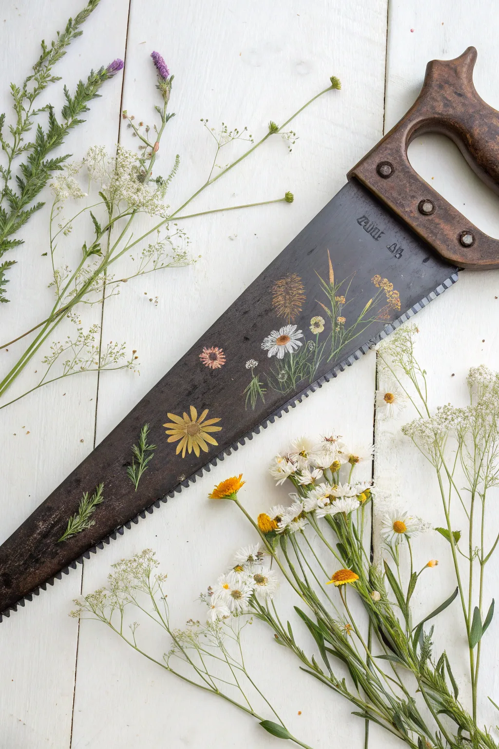 Wildflower meadow blooms from a hand saw tooth edge, minimalist and airy with soft splatter.
