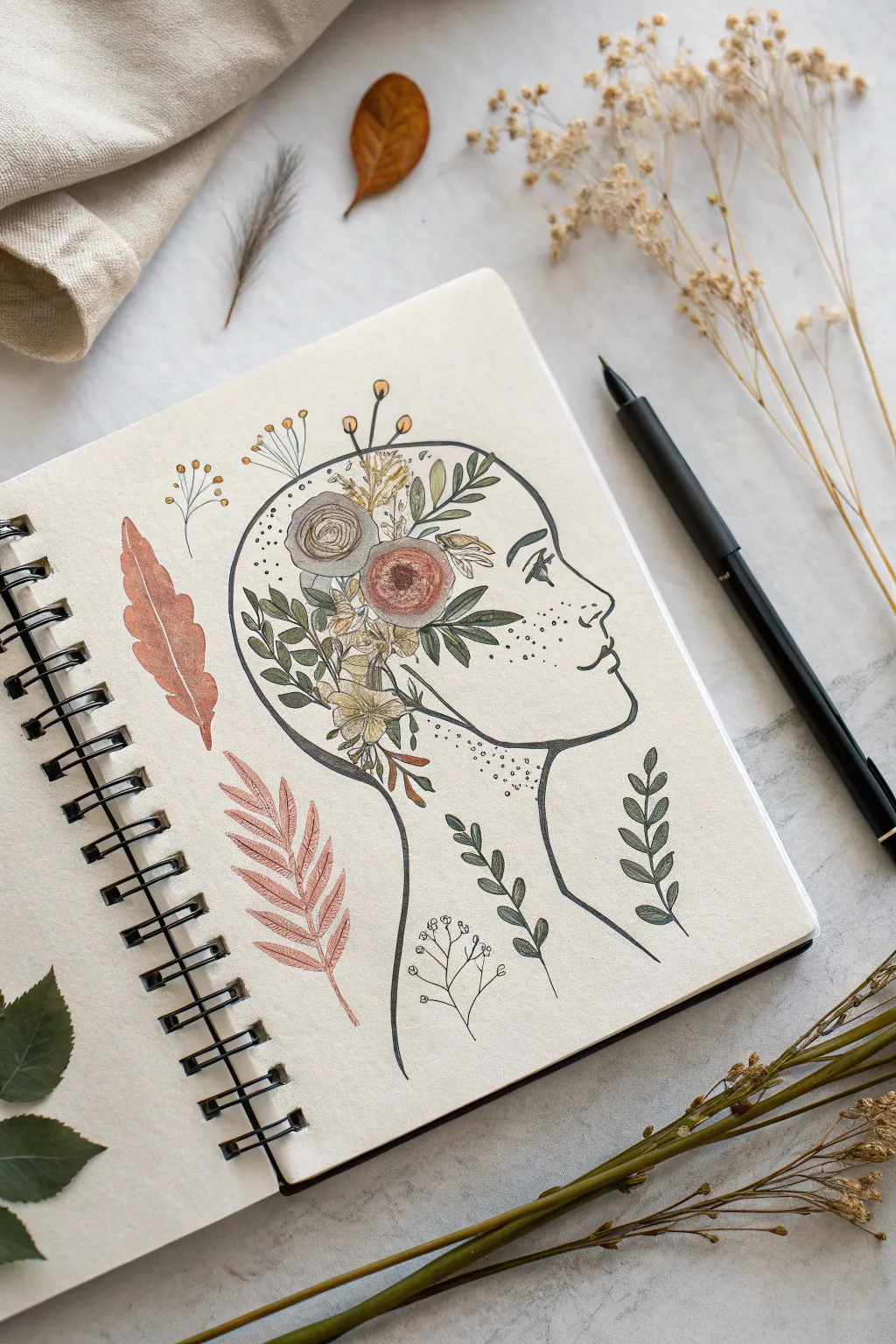 Flower Bloom Headspace sketch idea: calm profile silhouette with joyful blooms and leaves
