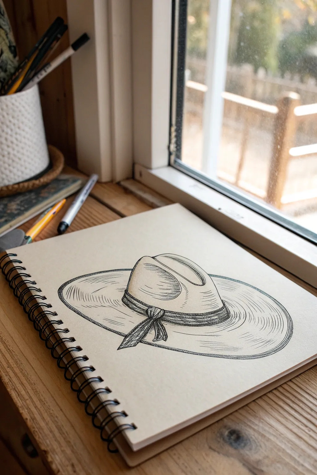 Curved-brim cowboy hat sketch with bold foreground lines for simple, striking depth.