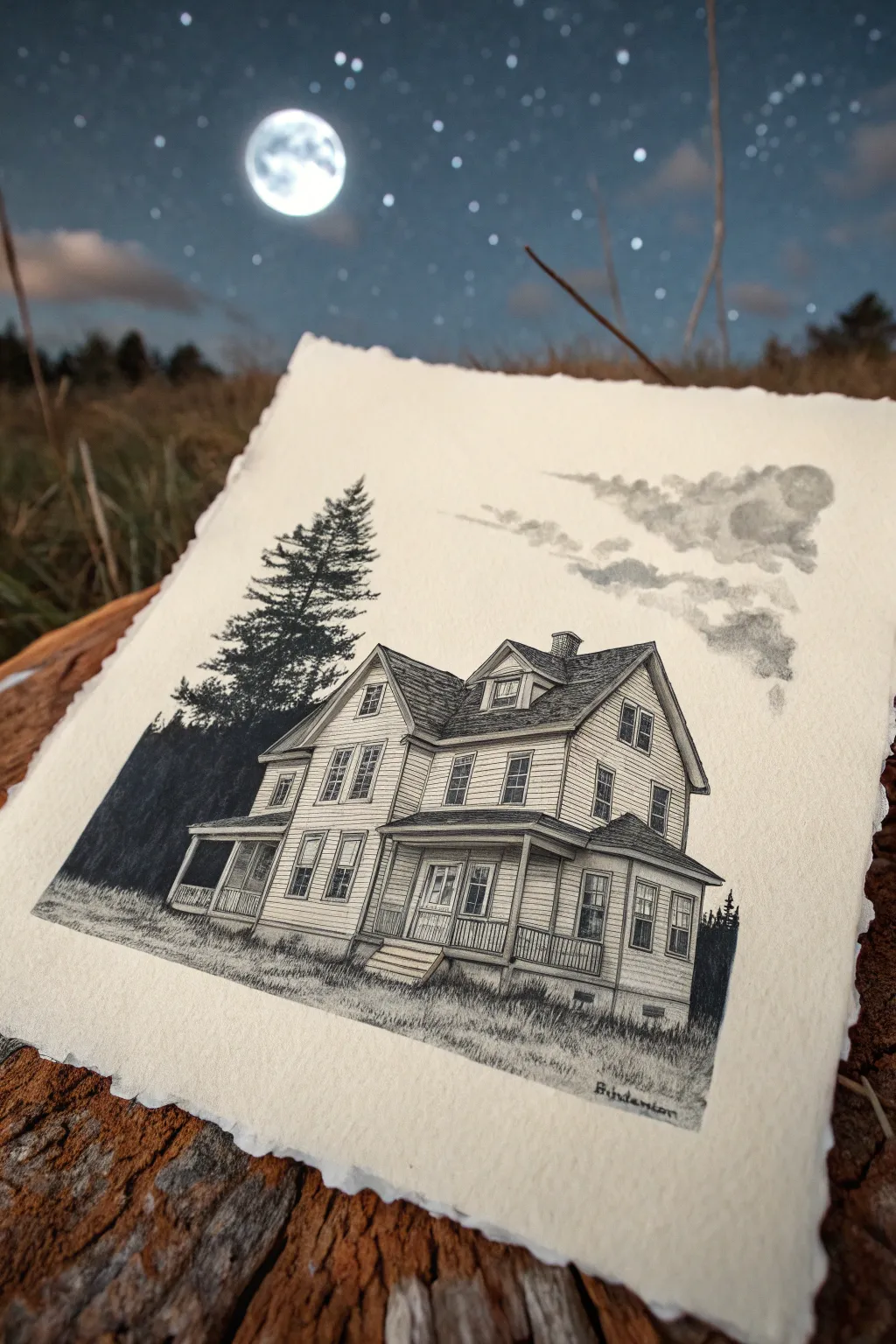 Minimal haunted house drawing with textured night sky, moon and bats in crisp contrast.