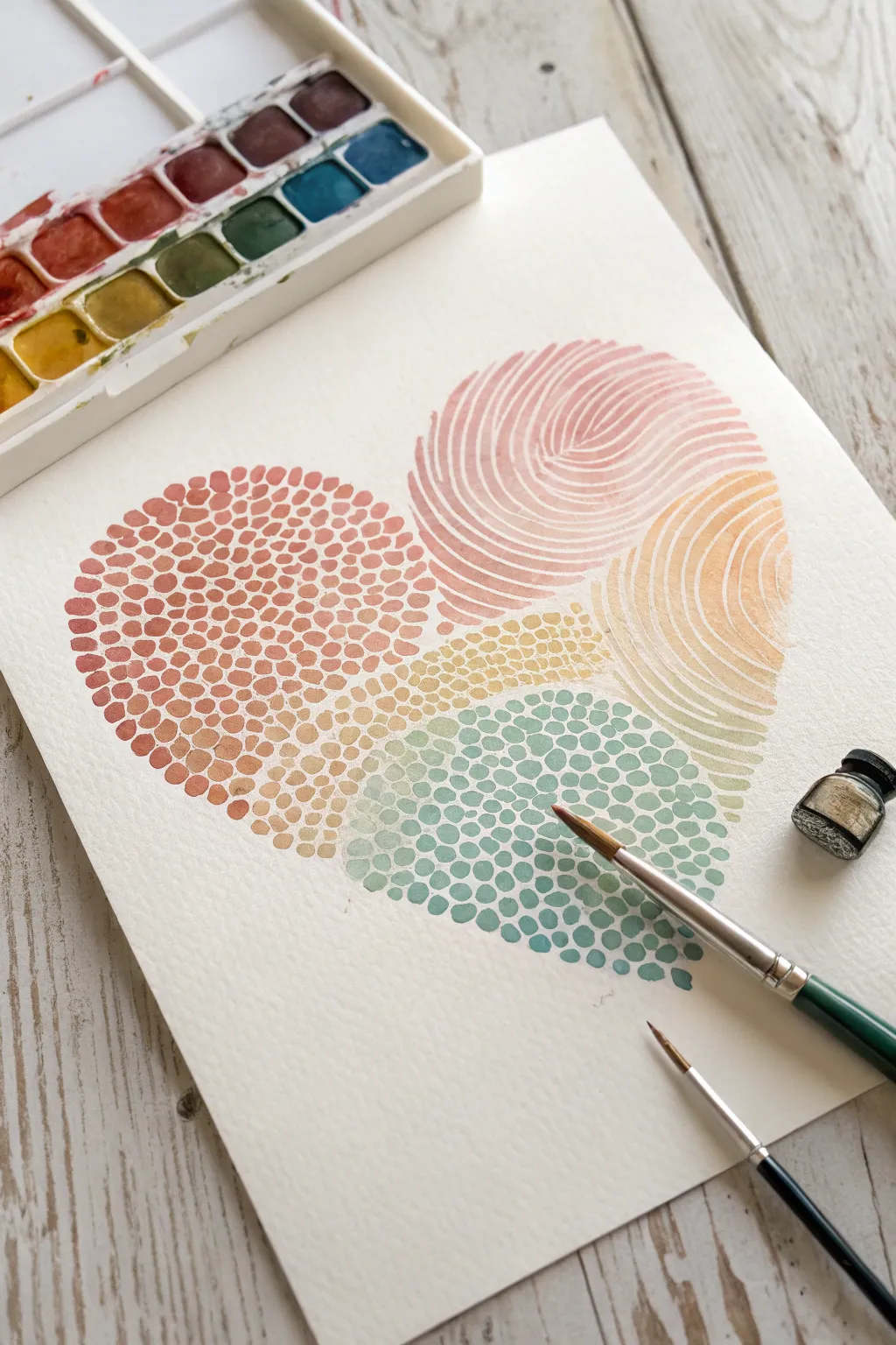 Sentimental fingerprint heart in soft rainbow tones, minimalist keepsake art with cozy contrast