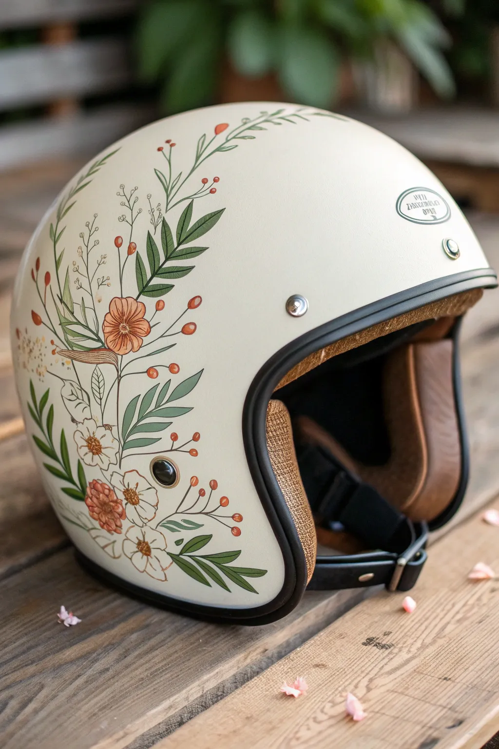 Botanical vine wreath around the helmet base ring for a soft, handmade Scandinavian boho look