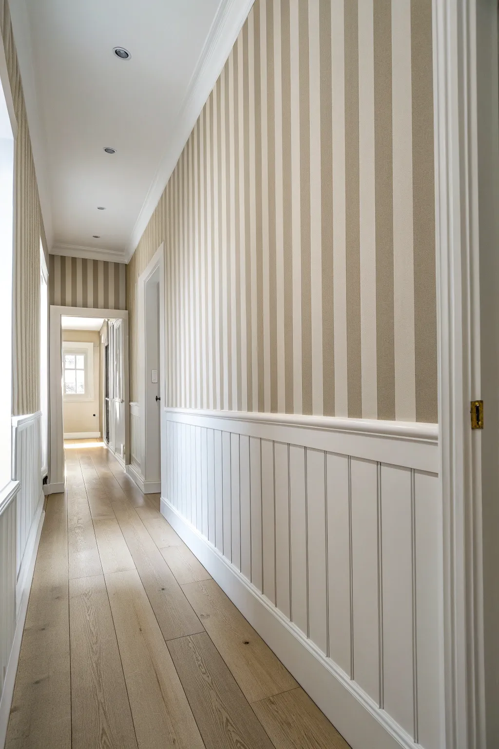Subtle vertical stripes in two soft neutrals make a small hallway feel taller and calmer.