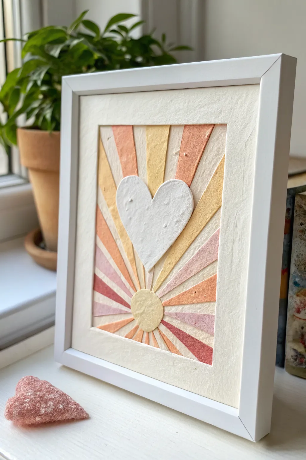 Textured heart beacon with fading sunburst rays, a minimalist hope painting idea to recreate