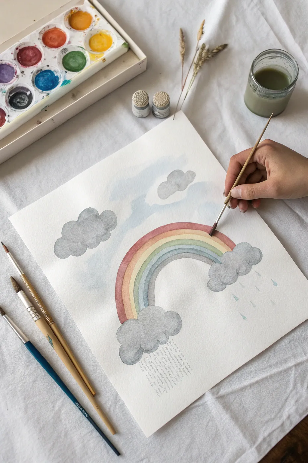 Minimal watercolor rainbow through soft gray clouds, a calm hopeful painting idea