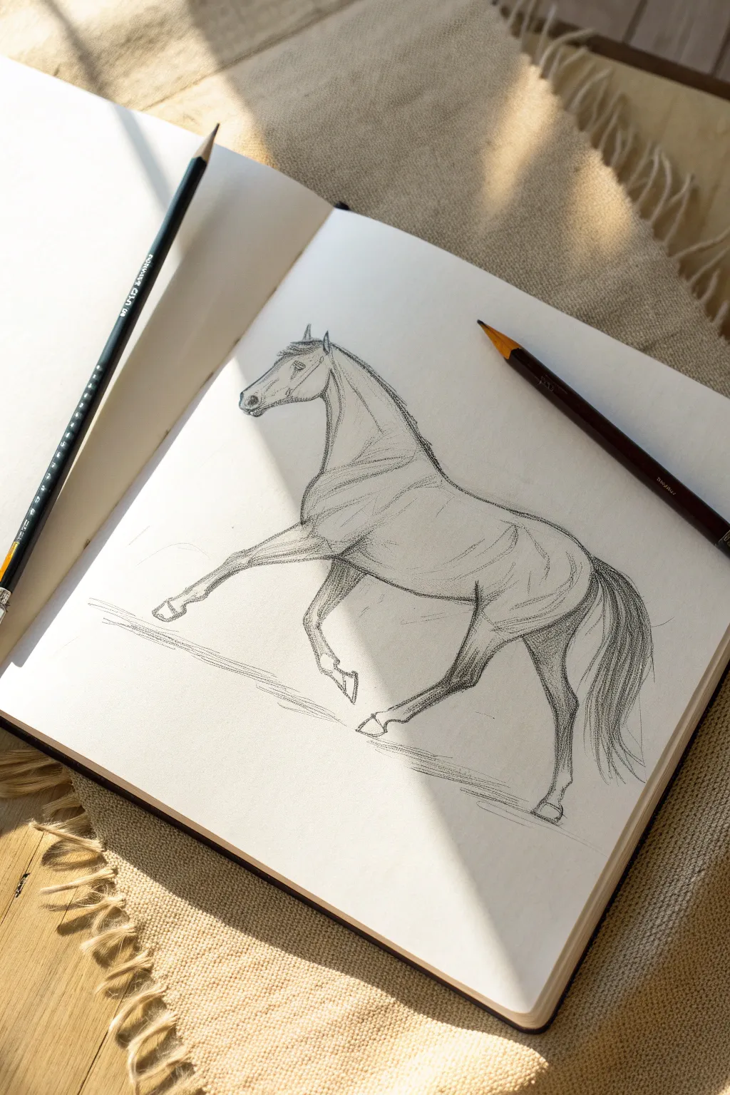 Walking horse gesture sketch with flowing lines and soft ghosted attempts, minimalist and calm