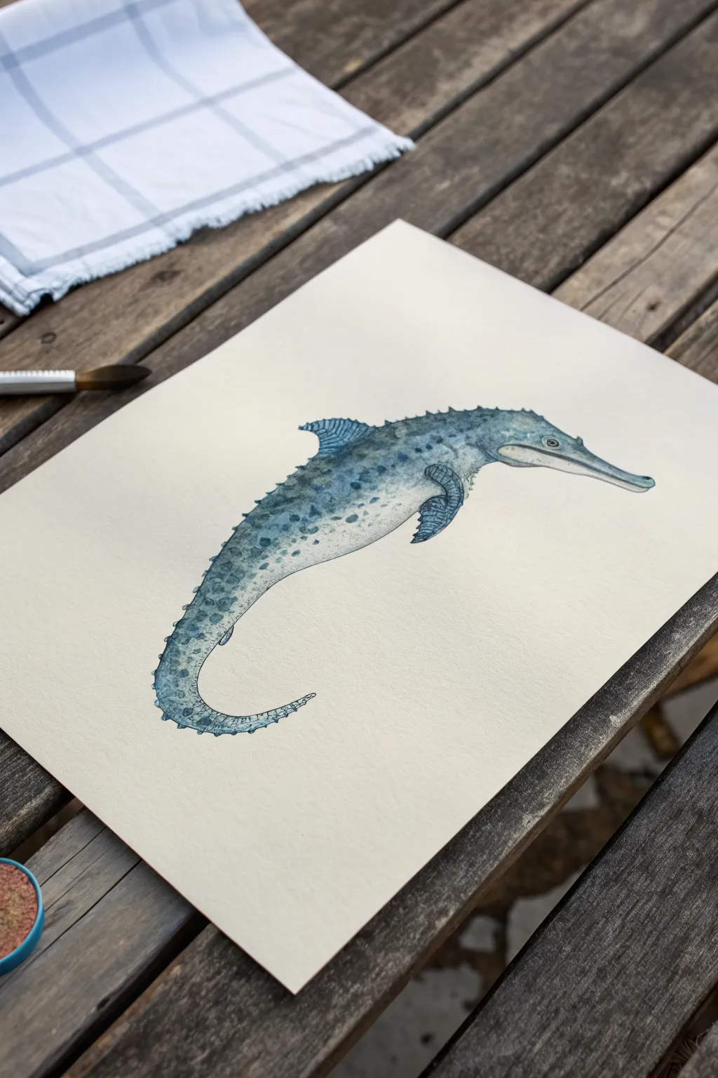 Sketch a crocodile-dolphin swimmer with sleek washes and textured scutes in calm Nordic tones.