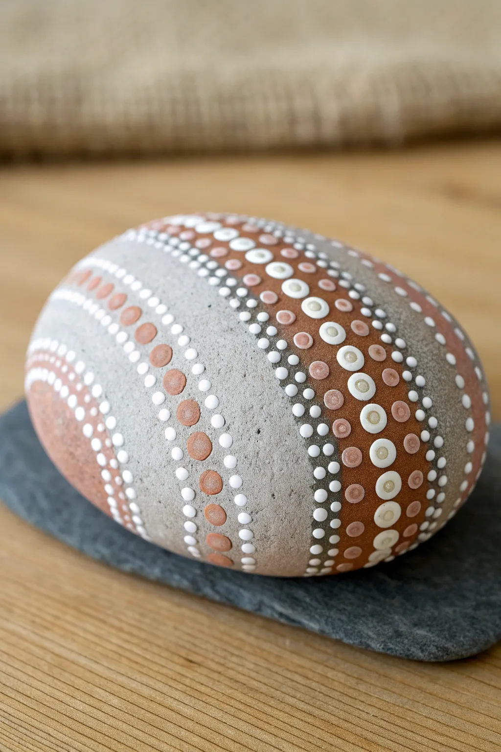 Stacked dot bead columns on a smooth rock, minimalist boho palette and crisp contrast.