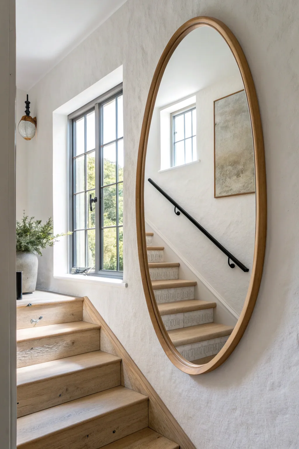 A well-placed landing mirror reflects the window, bouncing daylight through the whole stairwell.
