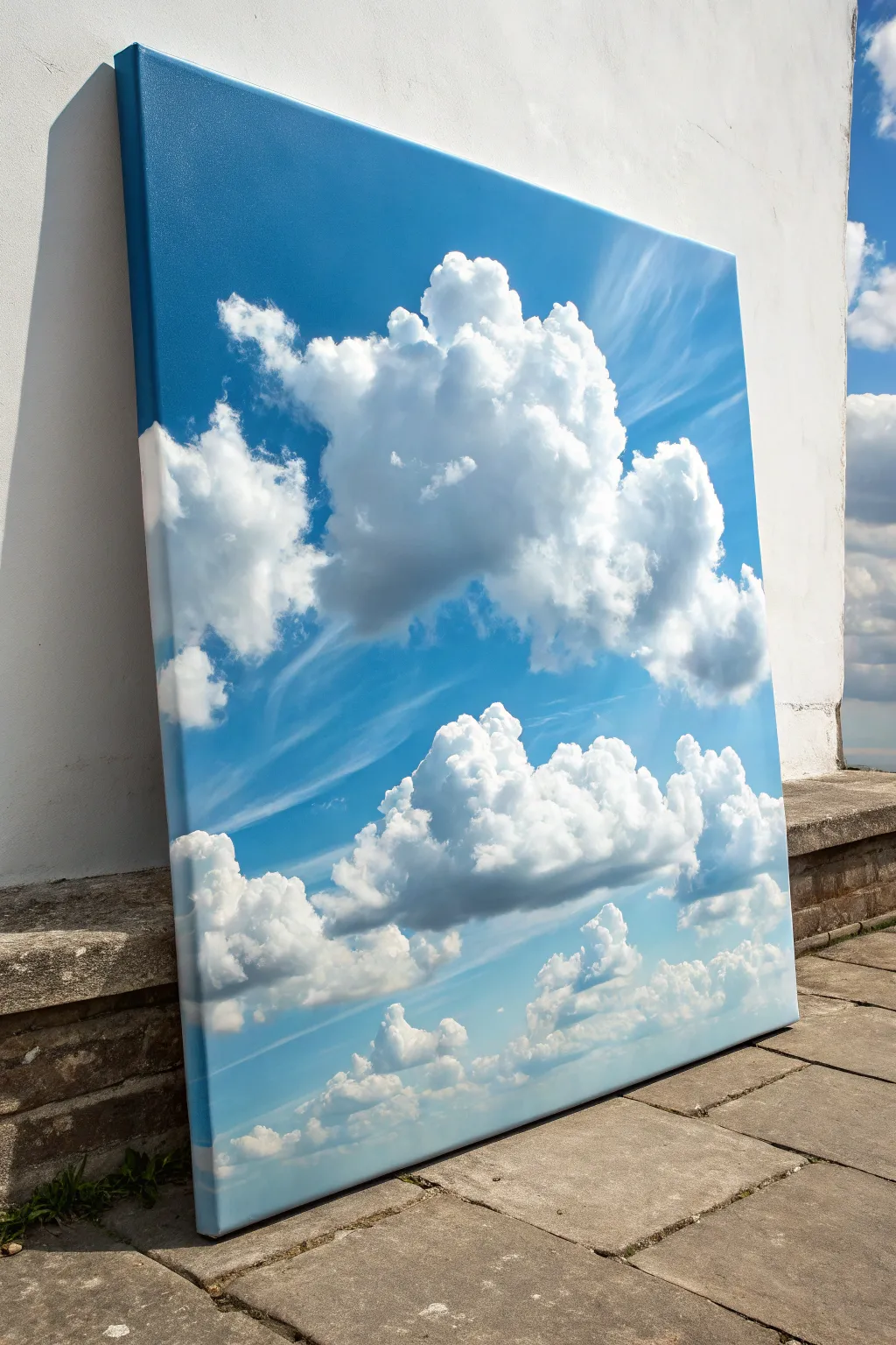 Soft cloud study on a sky-blue canvas with gentle blending and airy, believable shadows