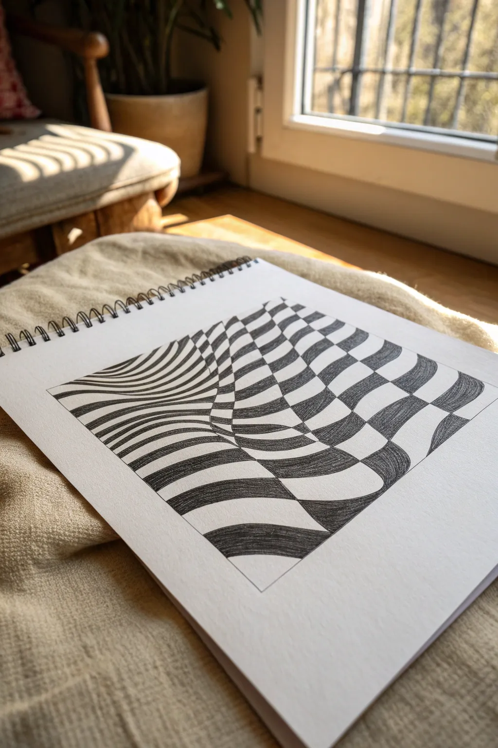 Wavy checkerboard illusion that ripples like fabric, bold contrast in a calm minimalist setup