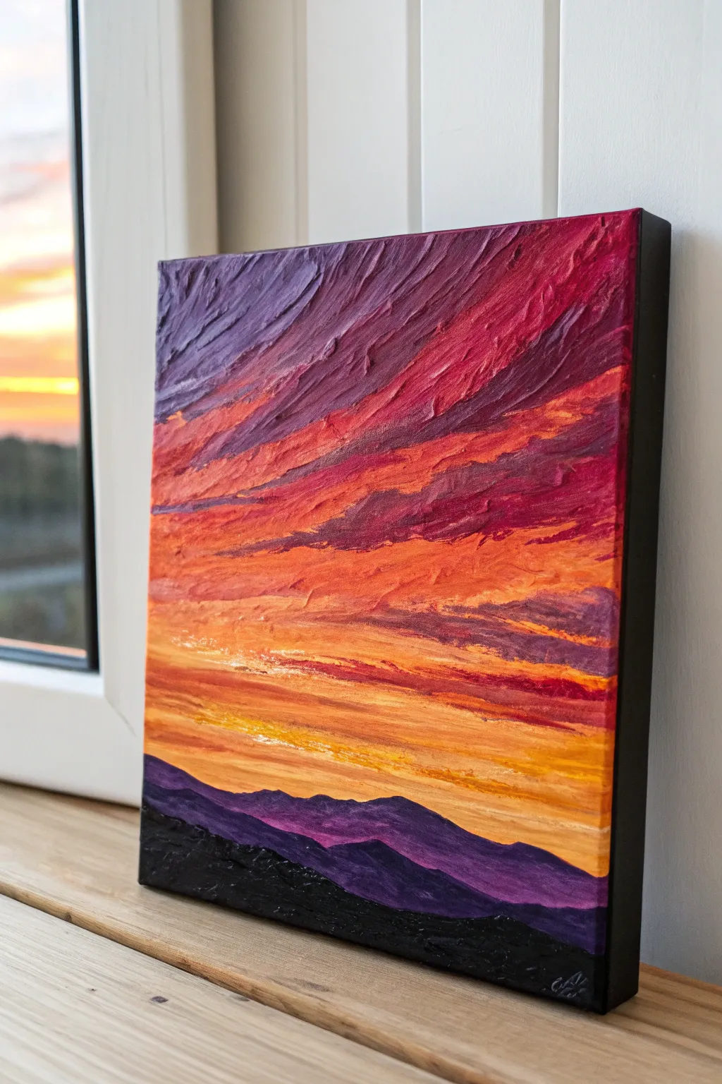 Chunky palette knife sunset in bold bands, minimalist silhouette, richly textured impasto glow.