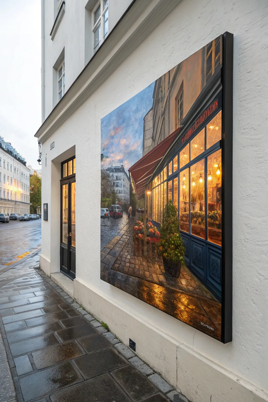 Warm café window glow meets cool street reflections, an impressionist study in layered light.