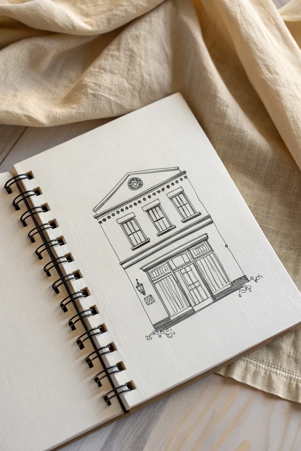 Minimal India ink facade study with soft shadow wash, clean lines, bright paper, calm boho mood