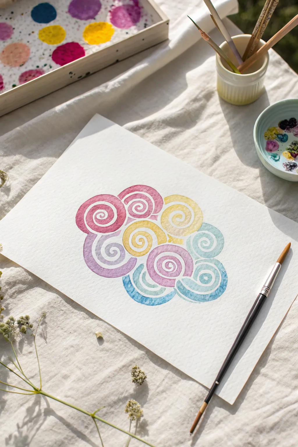 Easy swirly tie-dye cloud painting idea, bright spirals on clean minimalist paper