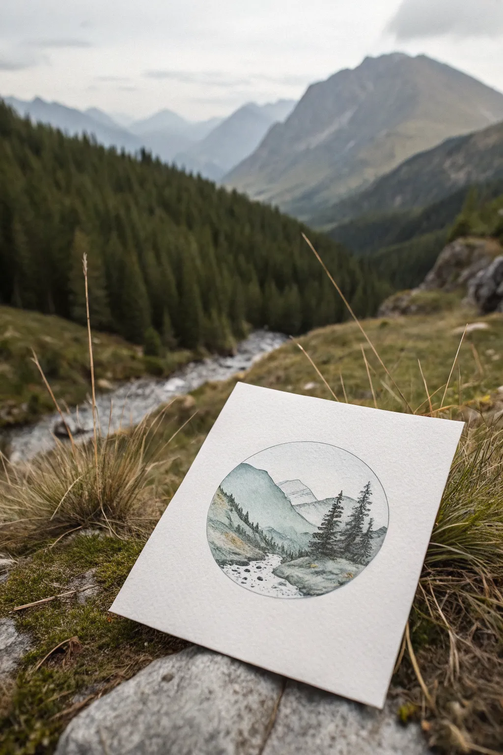 A tiny mountain river scene inside a clean circle, the simplest mini landscape drawing idea.