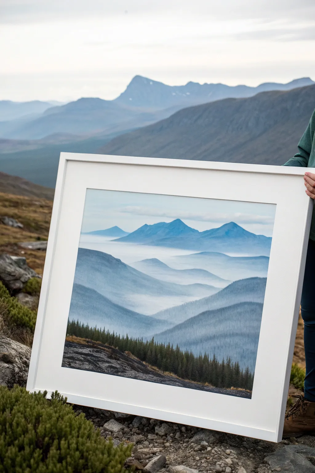 Atmospheric mountain layers in watercolor: bold foreground, misty distant ridges for depth