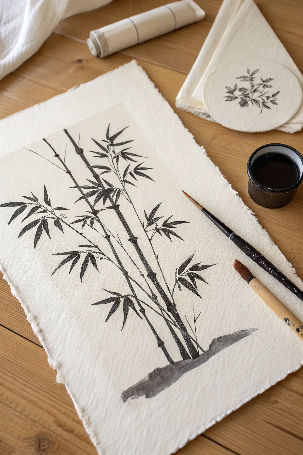 Practice bamboo strokes: segmented stalks and airy leaf flicks with bold thick-to-thin contrast.