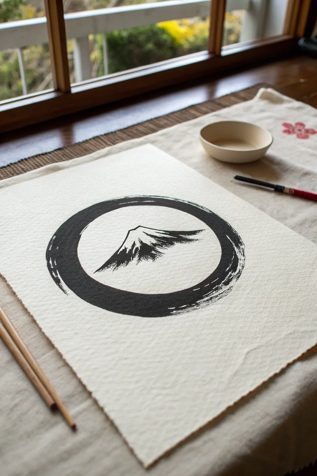 Bold zen enso ink circle with tiny Fuji detail, minimalist Japanese painting inspiration