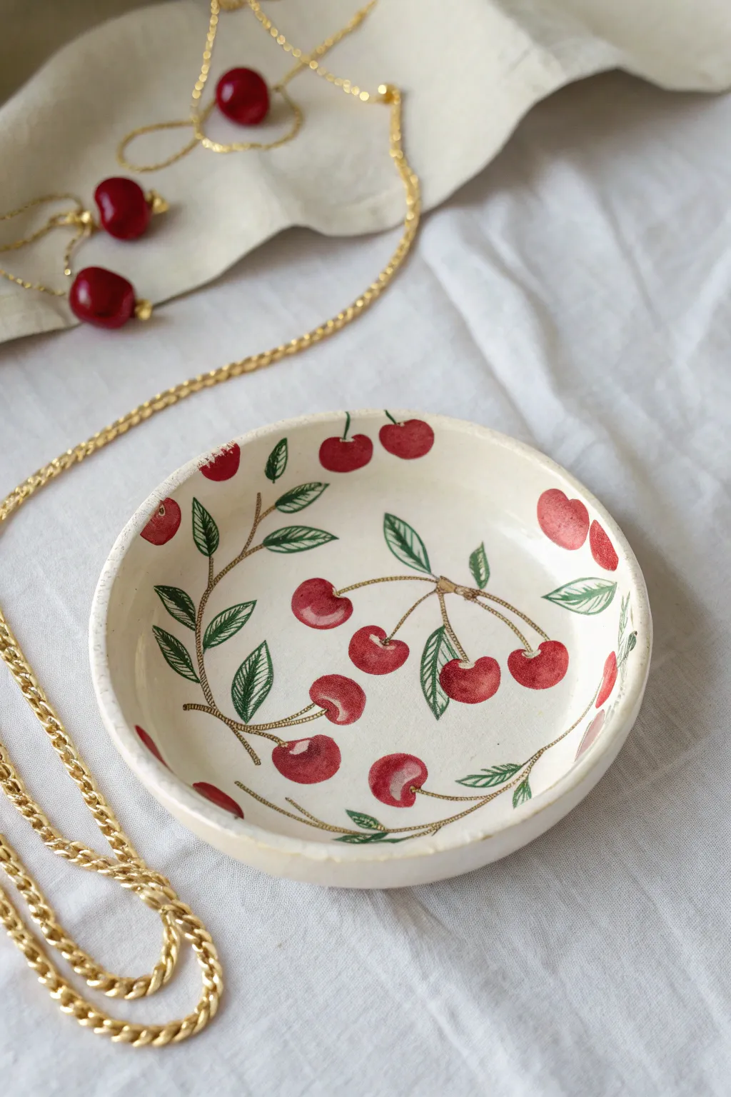 Minimal cherry ring dish flat lay with a delicate chain, crisp contrast and handmade charm