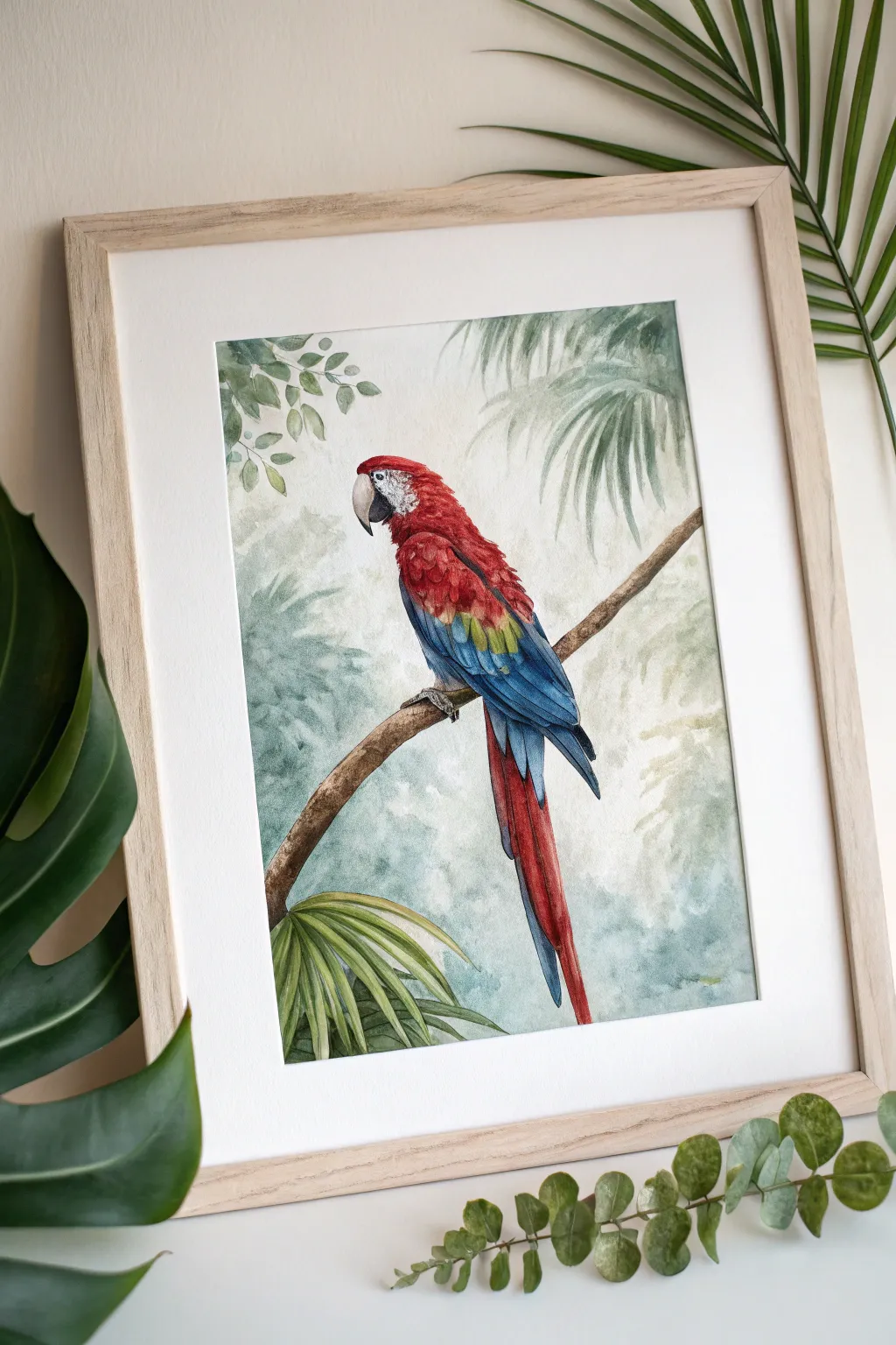Bold macaw pops against soft jungle greens for a simple, striking jungle painting idea