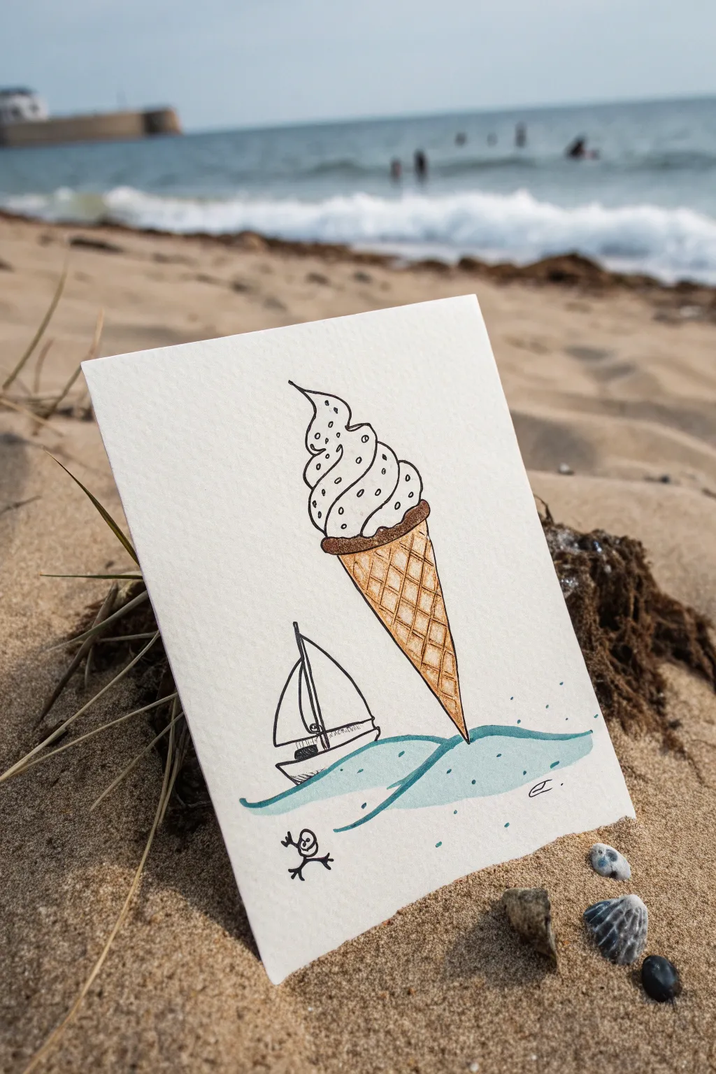 Ice cream melting into the ocean: an easy juxtaposition sketch with one wave and a tiny boat