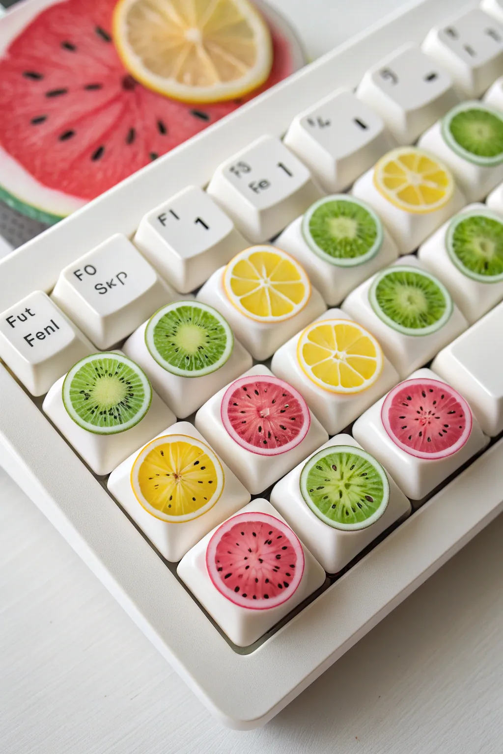 Refresh your workspace with these juicy, hand-painted fruit slice keycaps! 🍋🥝