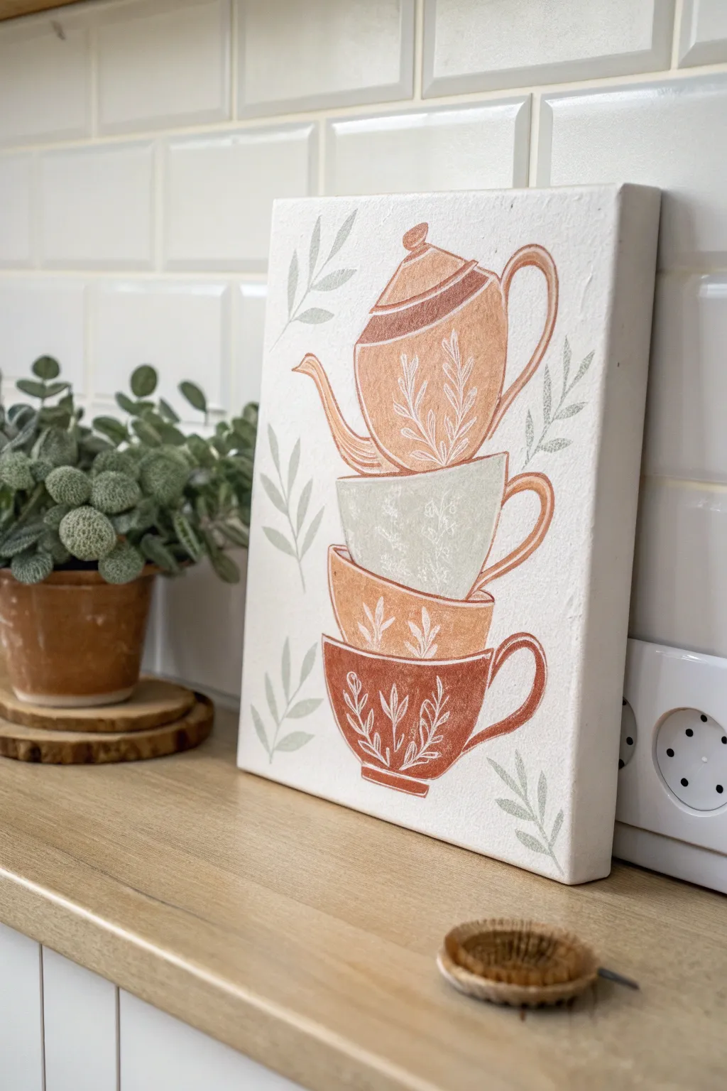 Teacups and teapot stack canvas art, centered and crisp, styled with soft boho kitchen neutrals.