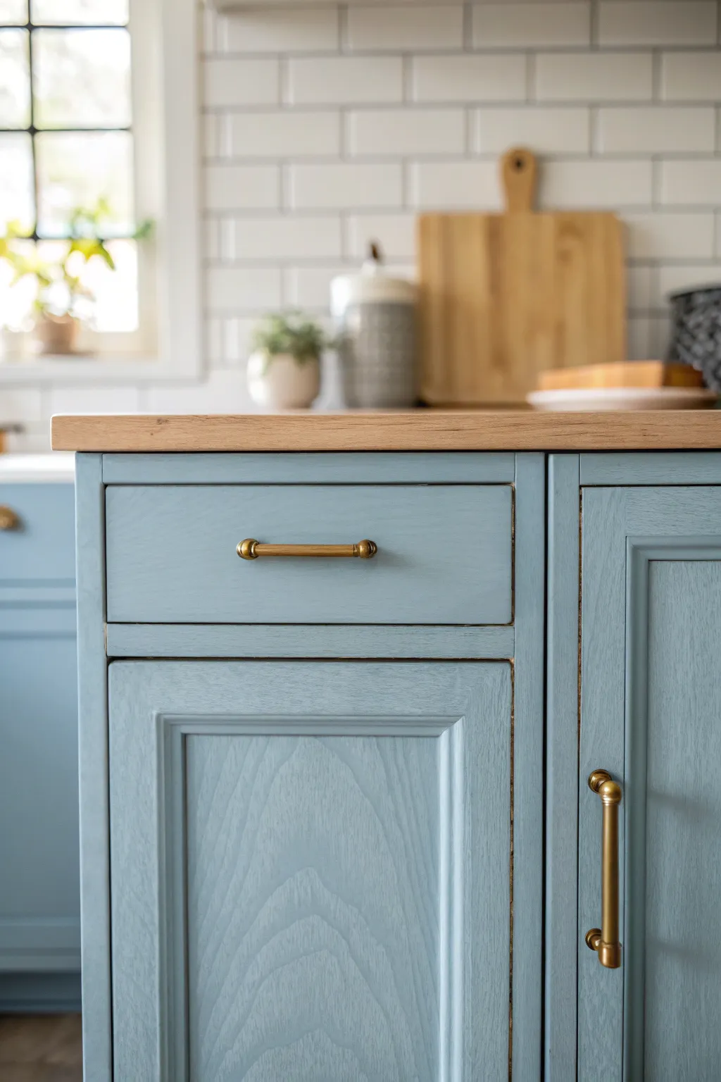 Dusty blue cabinets with warm white backsplash and oak accents for a soft, classic kitchen.