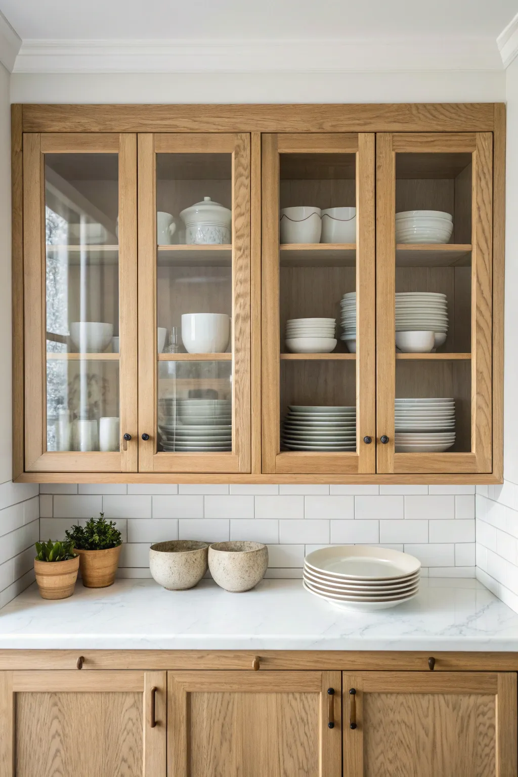 Glass-front uppers spotlight curated ceramics, letting the soffit fade into a calm Scandinavian backdrop.