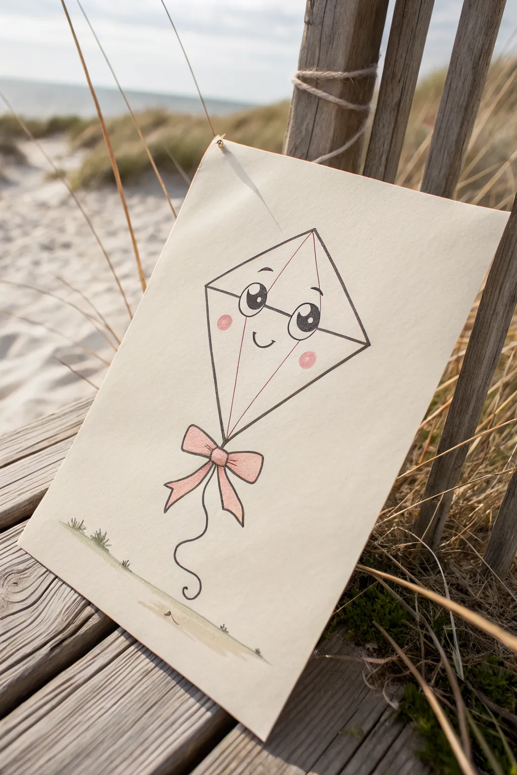 Minimal smiley face kite drawing with rosy cheeks and a playful bow-tie tail.