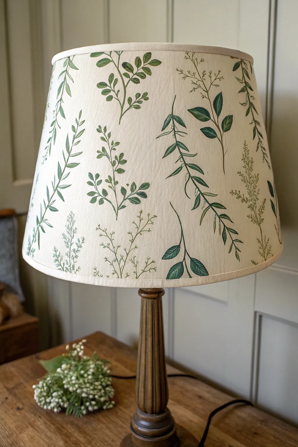Delicate leafy vines climb a linen shade, a minimalist botanical DIY with boho charm.