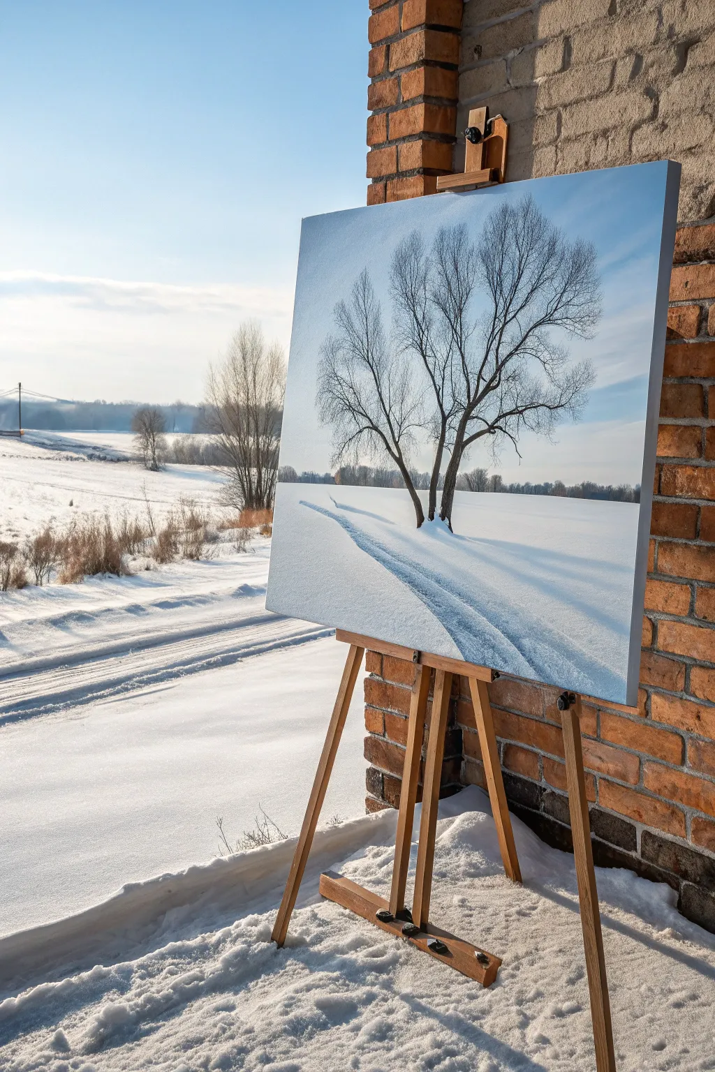 Winter landscape oil painting idea: snowy field, bare trees, and long blue shadows