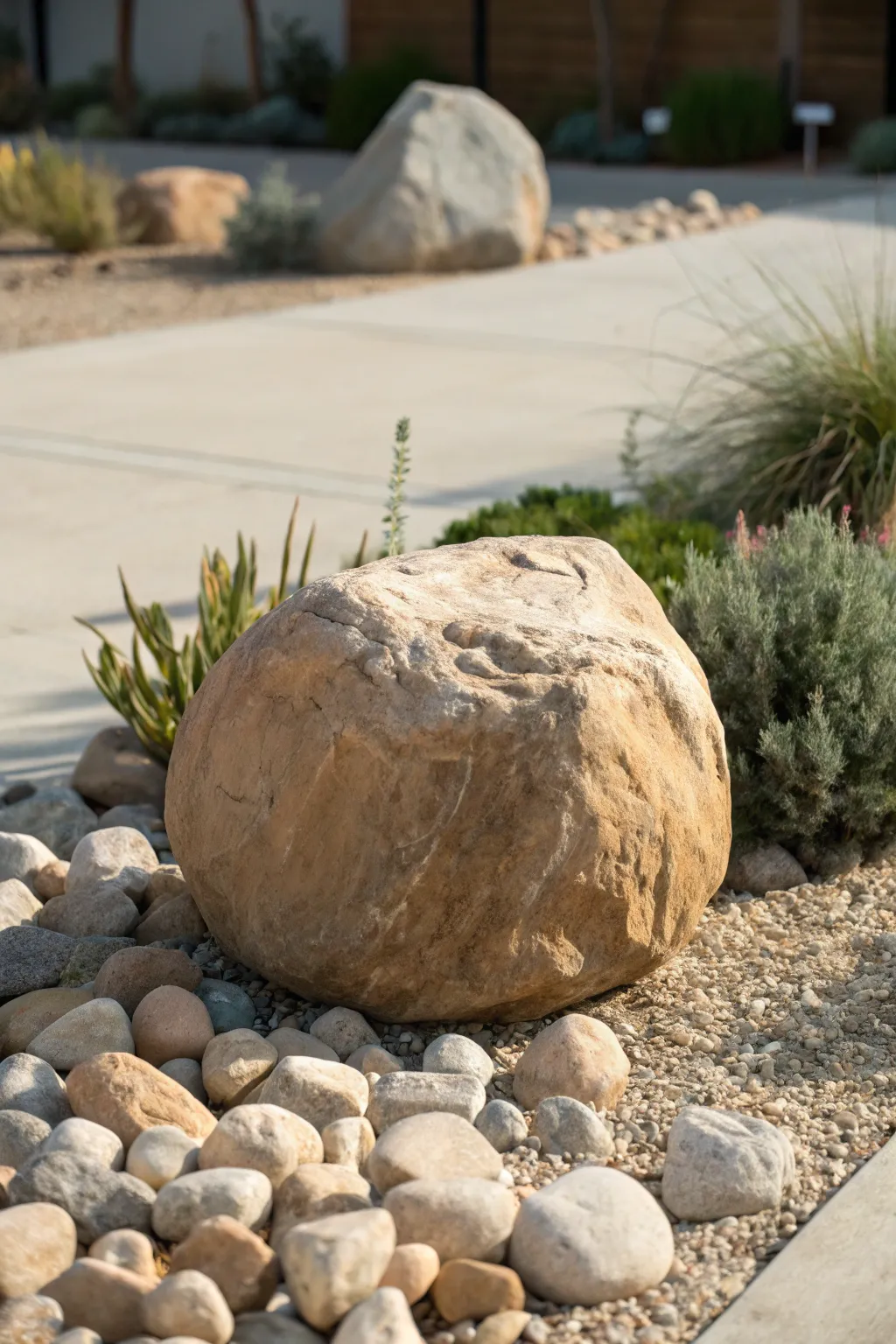 Minimal rock garden study: one sculptural boulder, river stones, and airy drought-tolerant greens.