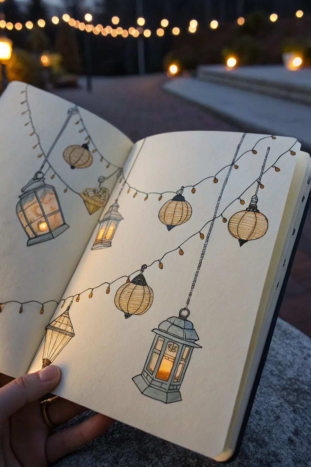 Diagonal lantern garland sketch with warm evening glow, minimalist Scandinavian boho vibe