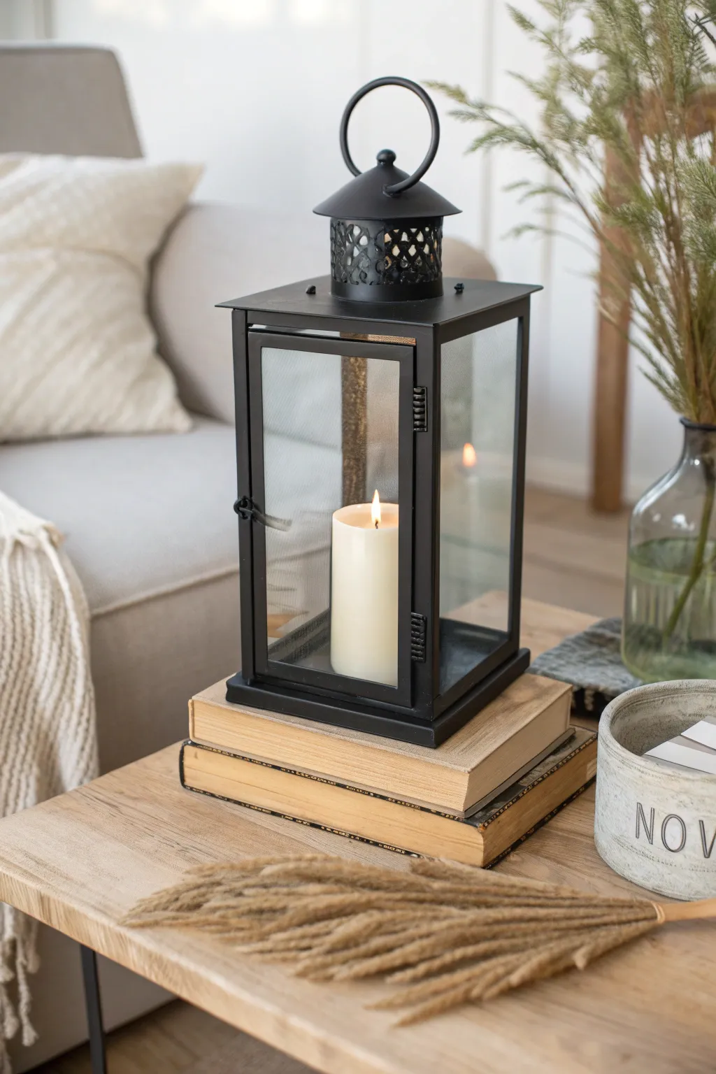 Minimal coffee-table still life: a lantern on books with soft candle glow and linen texture.