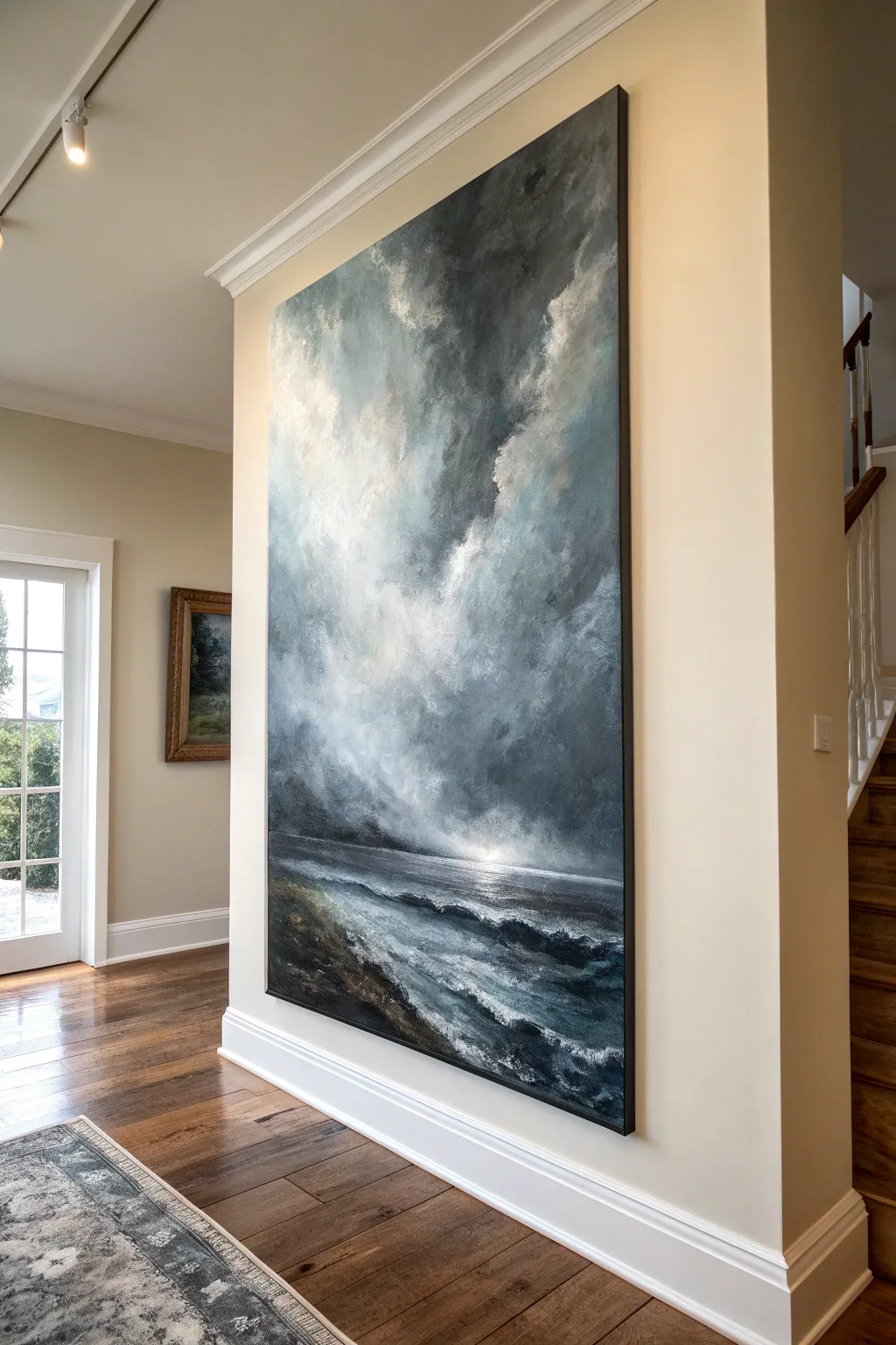 Moody storm-cloud canvas in grays and blues, minimal wall styling for cinematic contrast