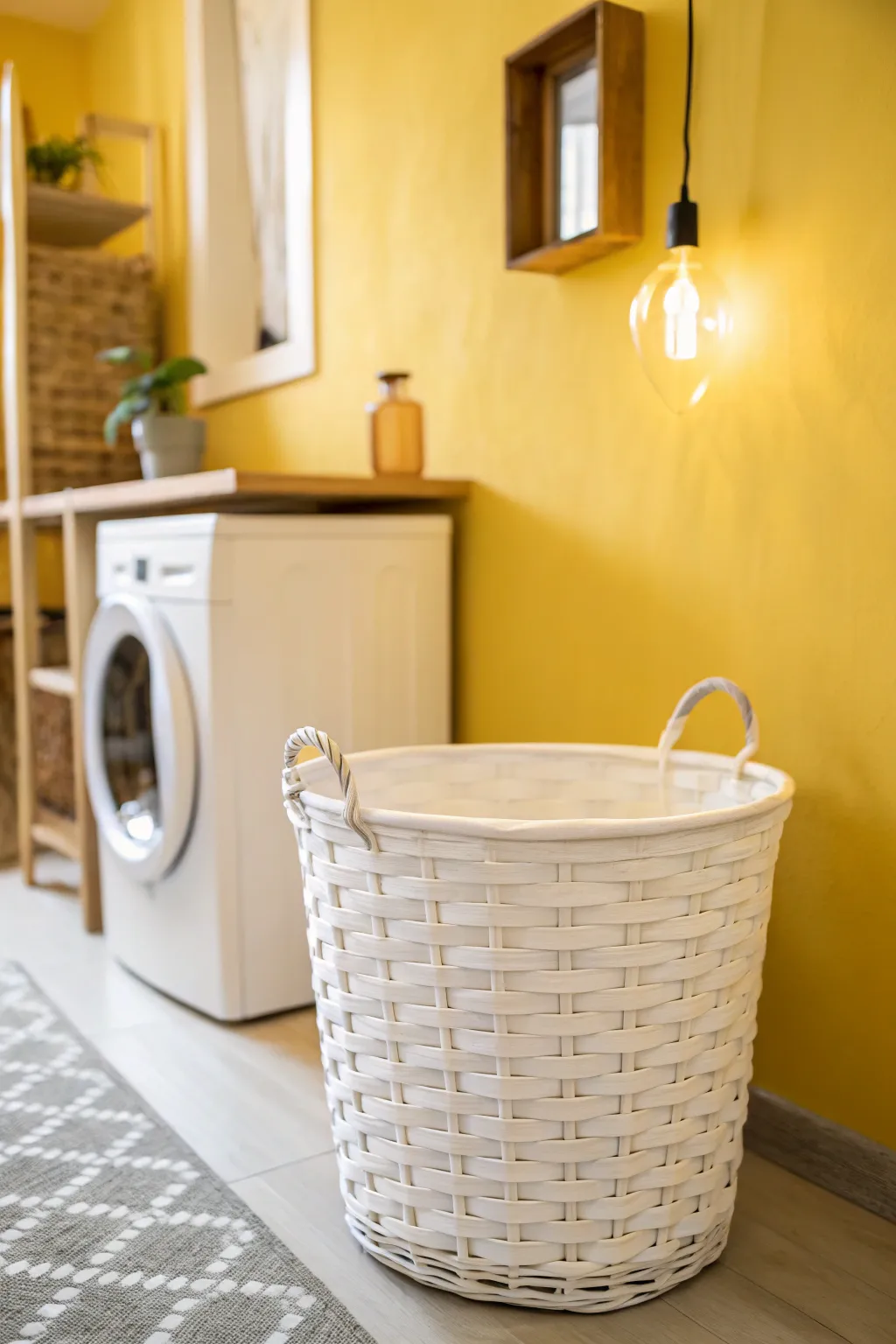 Sunny yellow walls plus warm lighting make a windowless laundry corner feel like instant sunshine.