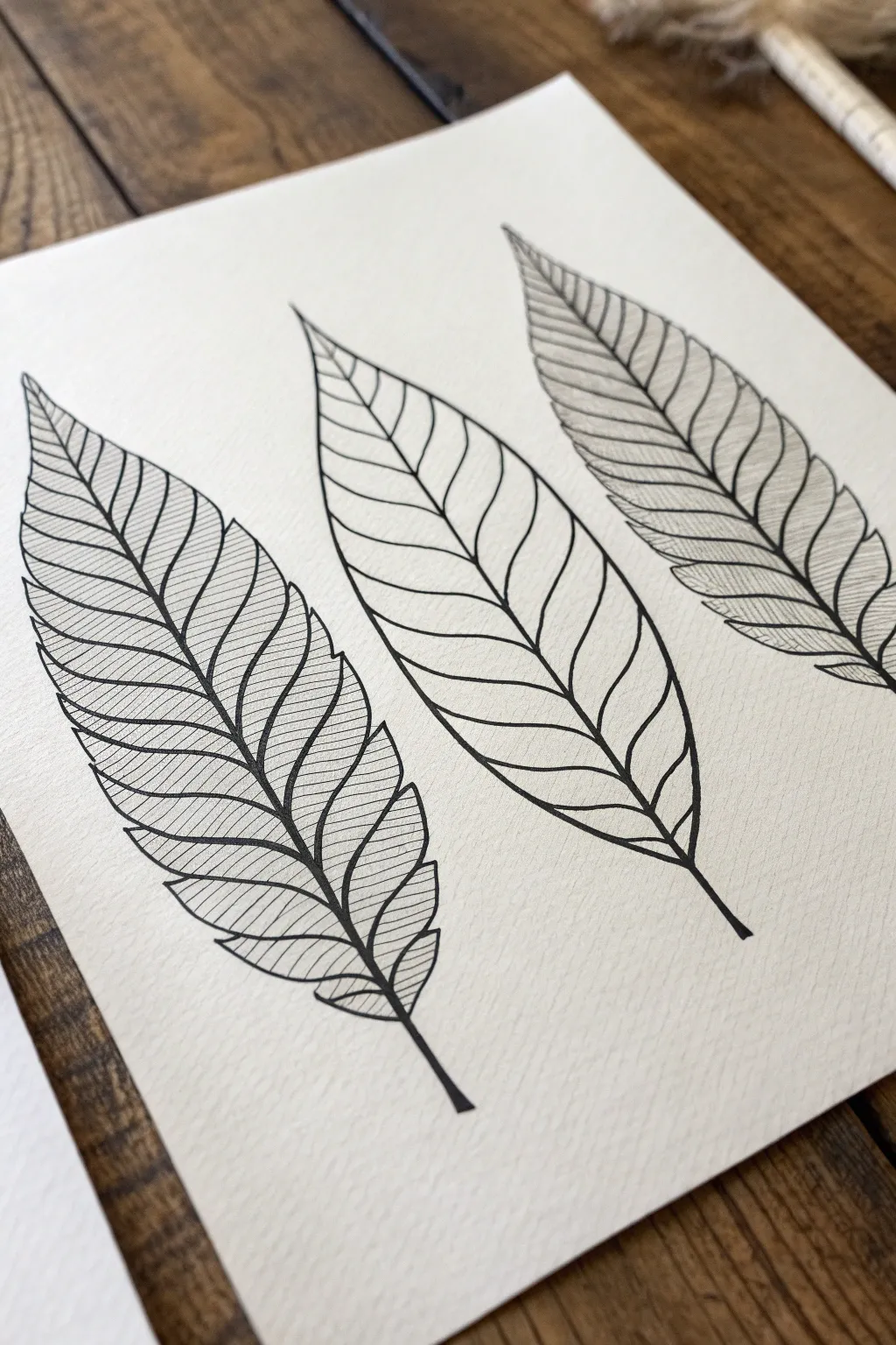Three leaf outlines, three vein styles, clean ink lines on paper for minimalist leaf drawing ideas