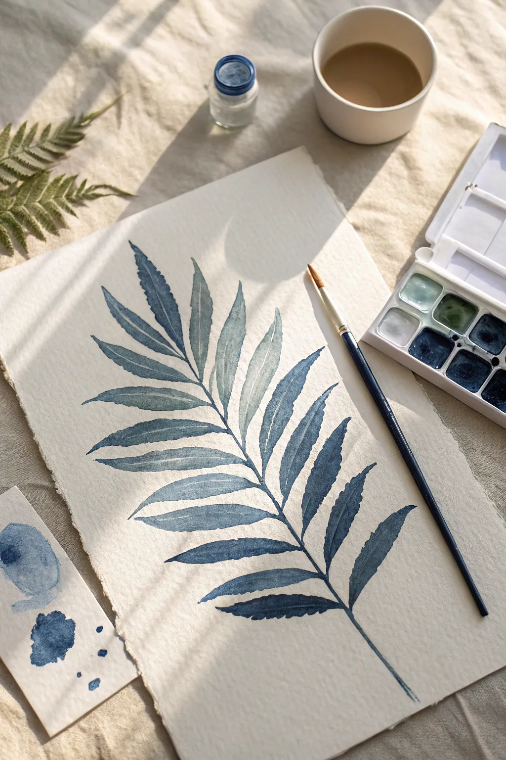 Monochrome leaf value painting in soothing indigo, with a clean value strip for perfect shading control.