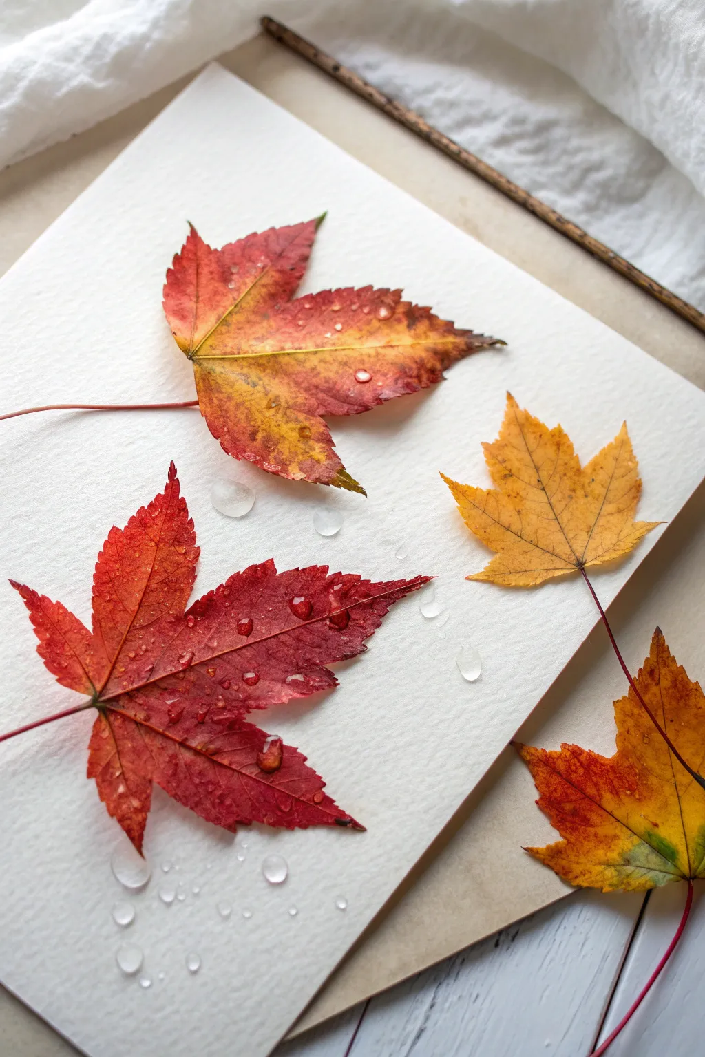 Soft wet-on-wet autumn leaves blooming on damp paper, simple Scandinavian boho workspace.