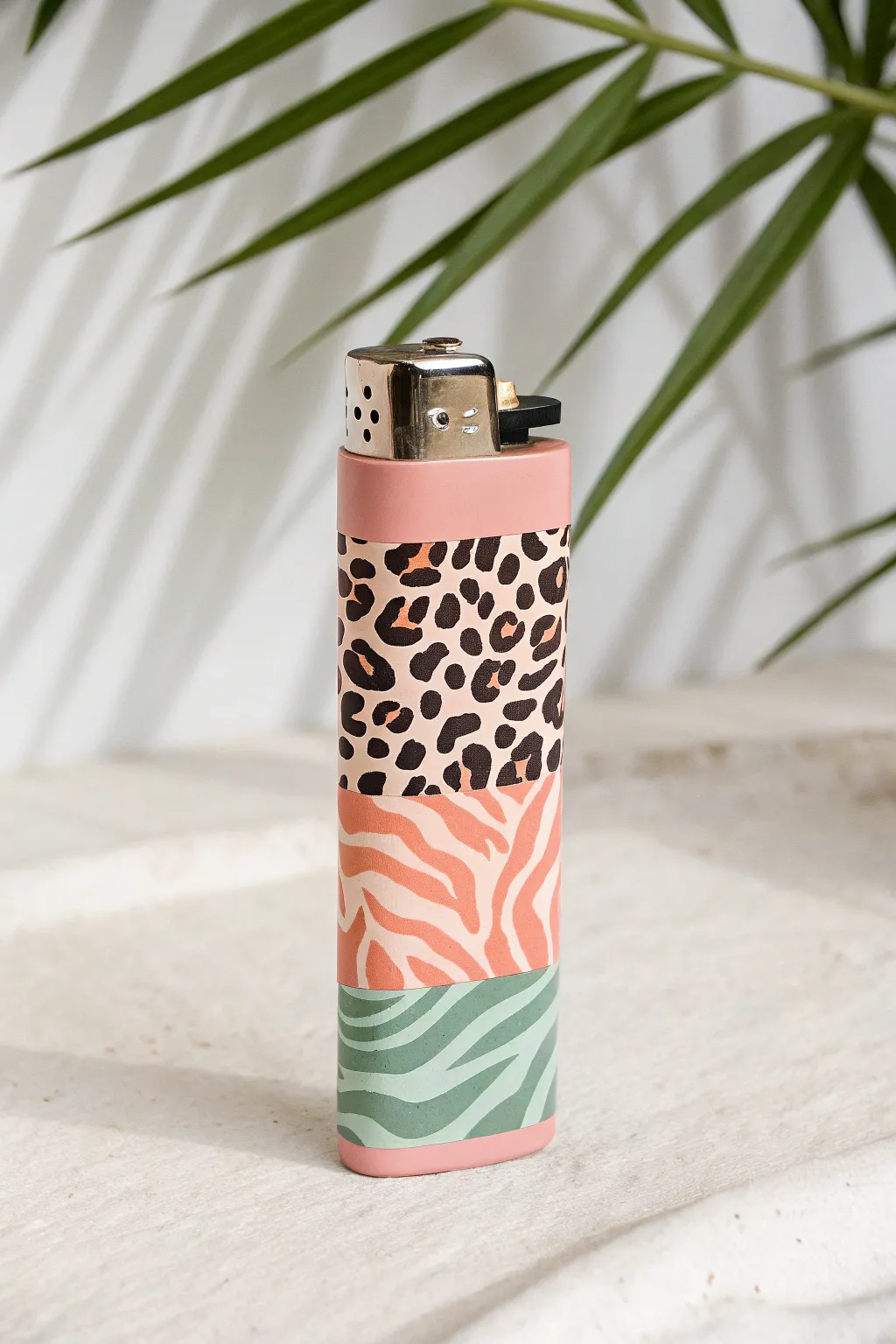 Animal-print lighter makeover: spots, wavy stripes, and patches in soft Scandinavian boho tones.