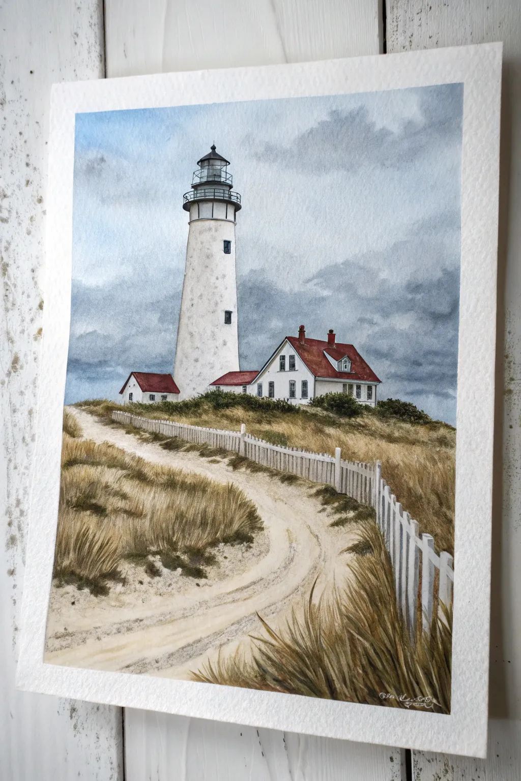 Minimal lighthouse and keeper cottage watercolor scene, calm coastal light and clean lines