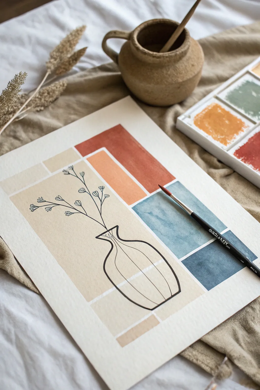 Line art vase over calm color blocks, a simple Scandinavian-boho painting idea to try today