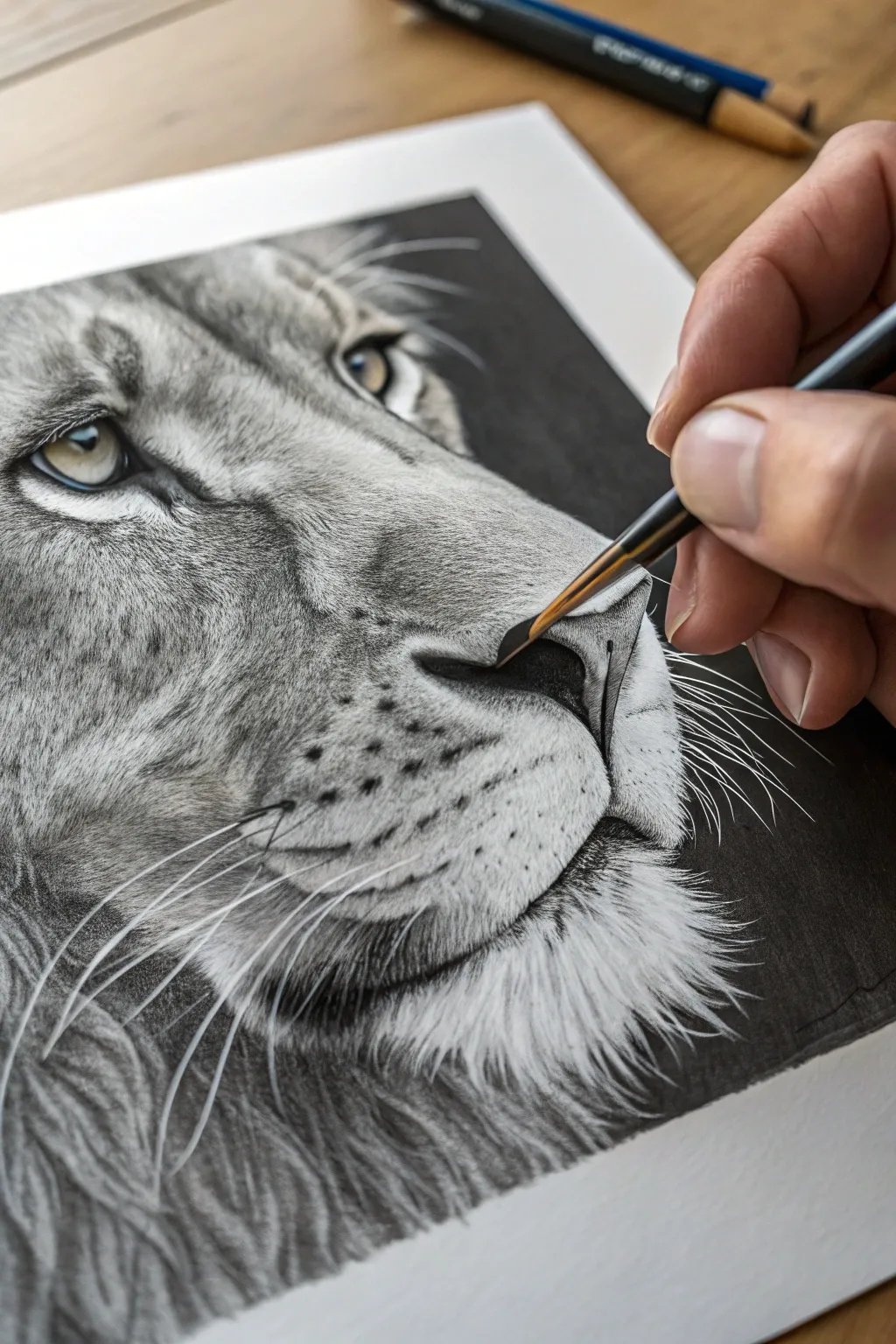 Minimal lion muzzle study: crisp nose texture, clean whisker dots, and calm Scandinavian contrast