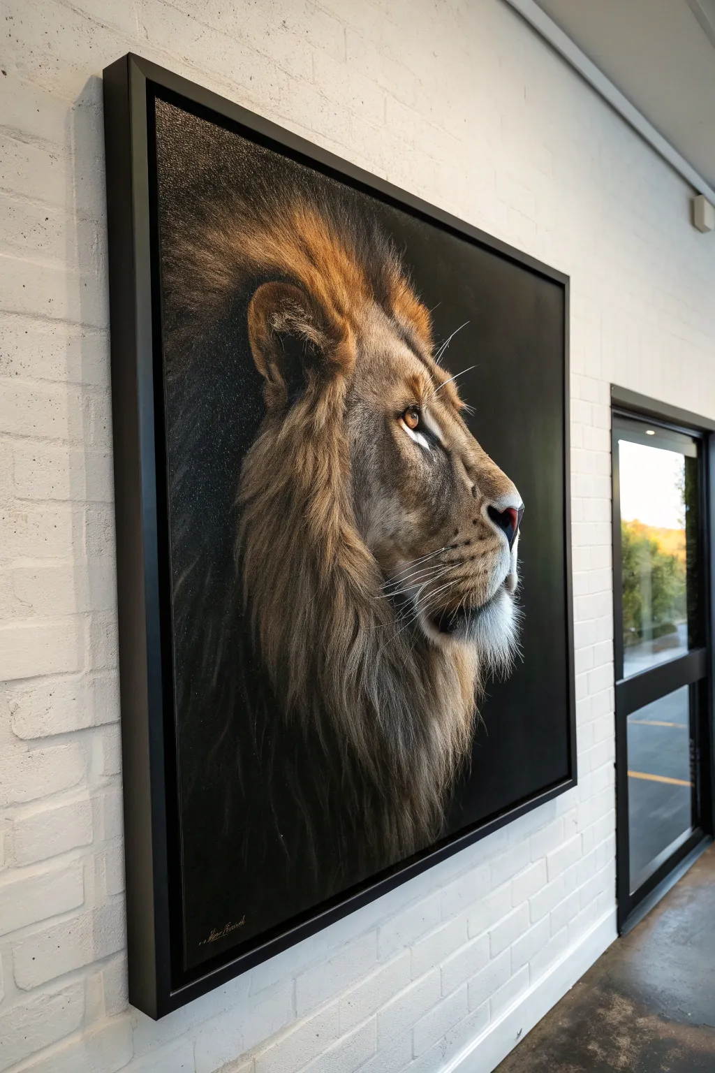 Moody chiaroscuro lion head emerging from darkness, ideal for minimalist Scandinavian decor.