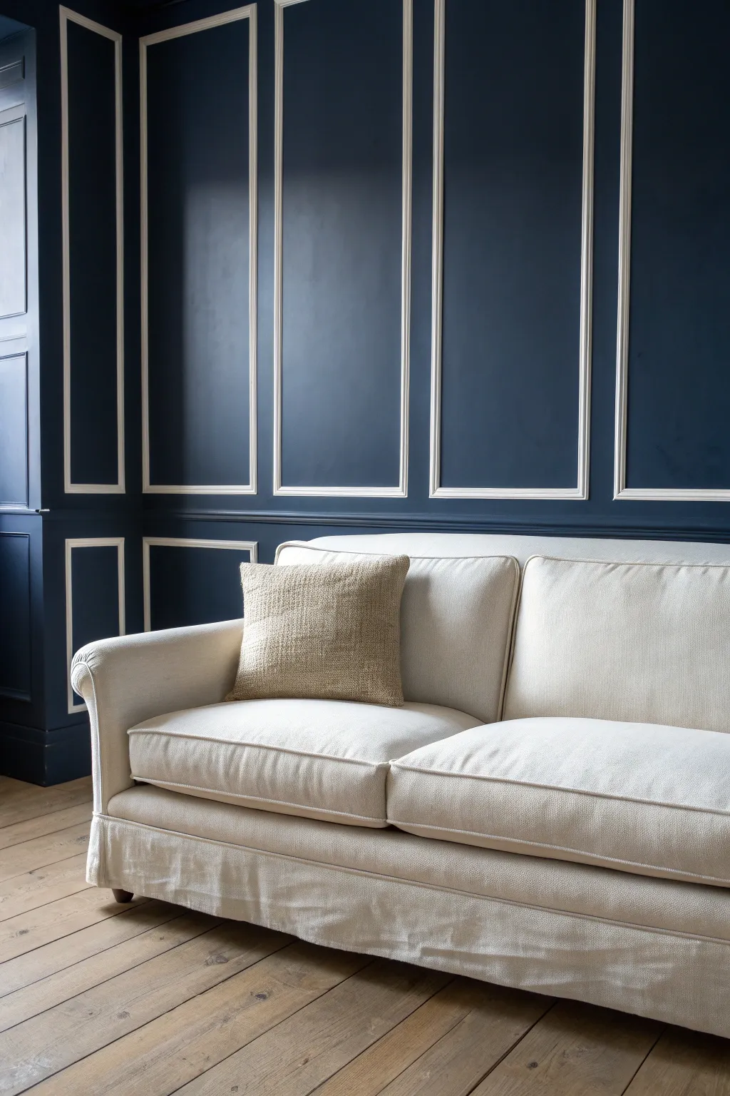 Moody navy walls meet crisp white trim for a classic, airy Scandinavian living room
